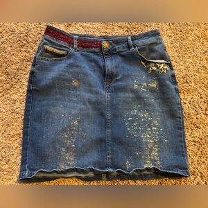 DeNugaL Denim Skirt Size 12 – Gold Foil Distressed Y2K Style, Lace Trim